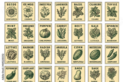 Gardening seed packet designs featuring various herbs and vegetables in a vintage style