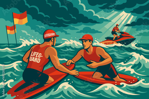 Lifeguards performing ocean rescue during stormy weather with jet ski and rescue boards