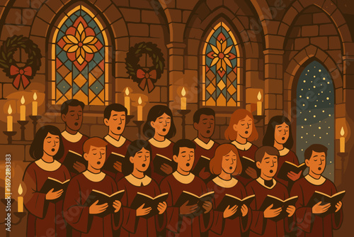 Christmas choir singing in candlelit church with stained glass windows and snow falling outside