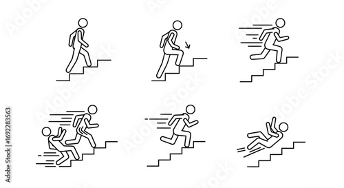 Stick figure climbing and falling down stairs