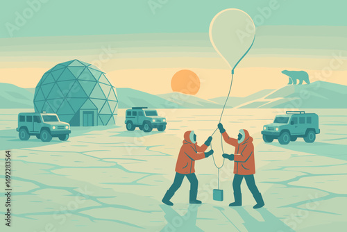 Illustration of Arctic explorers releasing a weather balloon, with an igloo, polar bear, and expedition vehicles in the icy landscape at sunset, showcasing polar research and exploration