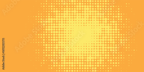 Yellow halftone pattern. Retro comic gradient background. Bright orange pixelated dotted texture overlay.