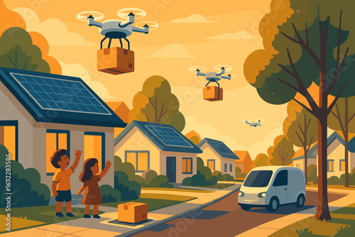 Illustration of a futuristic neighborhood with drones delivering packages, children waving, solar-powered houses, and an electric delivery van, showcasing sustainable technology