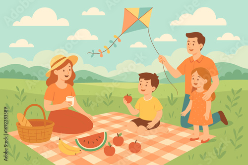 Illustration of a happy family enjoying a picnic outdoors with fruit, a picnic blanket, and a kite flying, set in a beautiful countryside landscape with green fields and blue skies