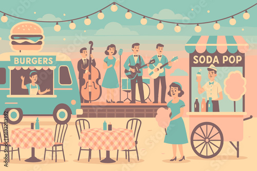 Retro style outdoor food and music festival with burger truck, soda pop cart, live band, and people enjoying cotton candy