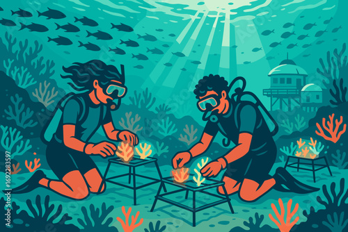 Scuba divers planting coral fragments on underwater frames for reef restoration in a vibrant ocean environment