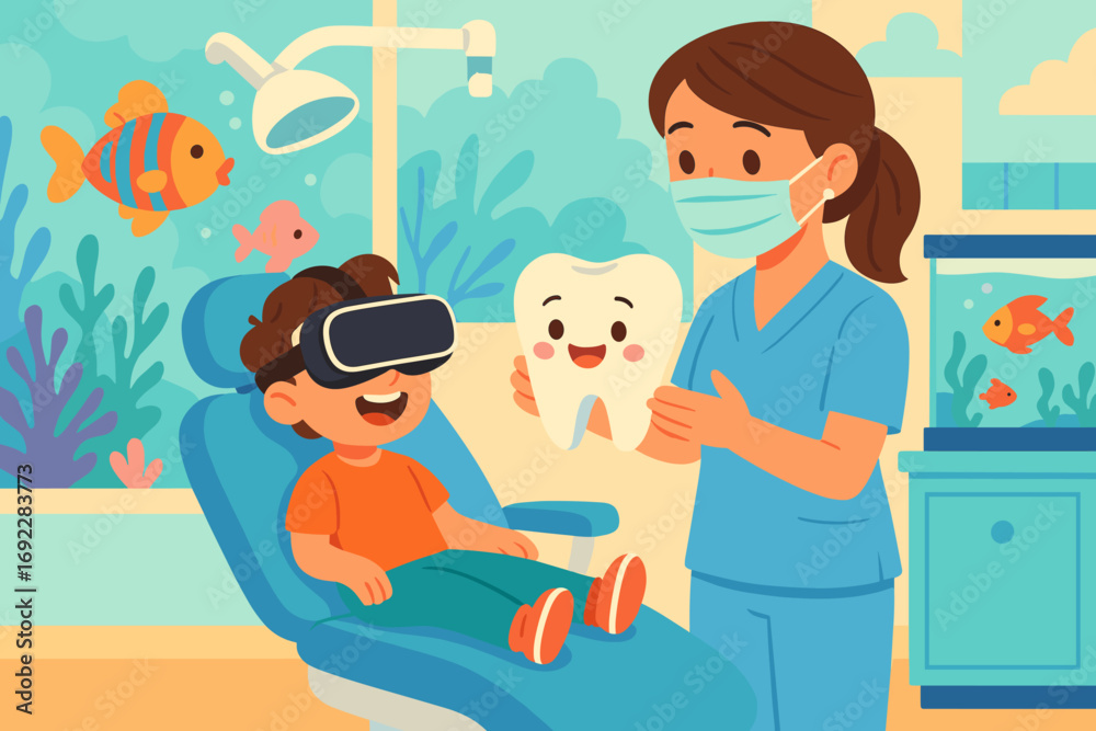 Obraz premium Child in a dentist's office wearing virtual reality glasses while the dentist shows a tooth model