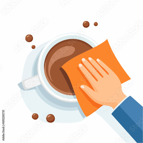 Hand Cleaning Coffee Cup With Orange Cloth