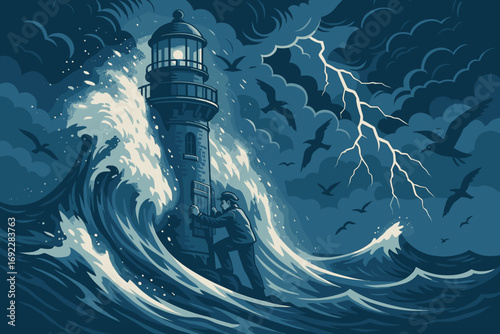 Lighthouse keeper braving stormy seas and lightning in dramatic ocean scene with crashing waves and seagulls
