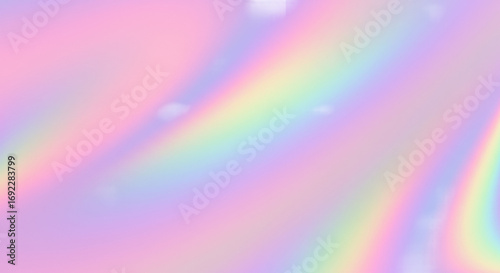 Vibrant iridescent holographic foil texture with pastel pink, purple, blue, green, yellow gradients, soft light reflections, shimmering flat lay overhead shot. Concept of digital elegance