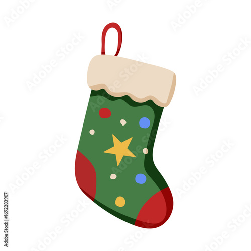 A green and red Christmas stocking with a star on it. The star is in the middle of the stocking and is surrounded by colorful dots