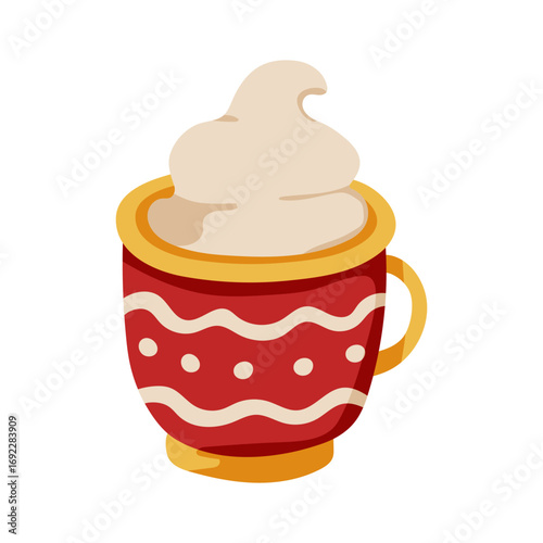 A red and yellow cup with a white swirl pattern and a white whipped cream on top. The cup is sitting on a white background