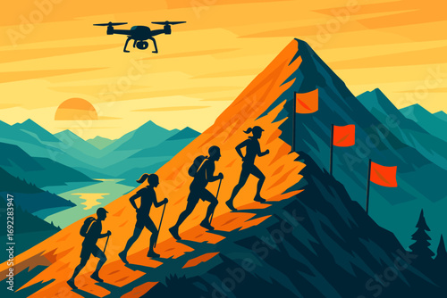 Mountain hiking scene with drone and hikers on a trail, flags marking the path during sunset