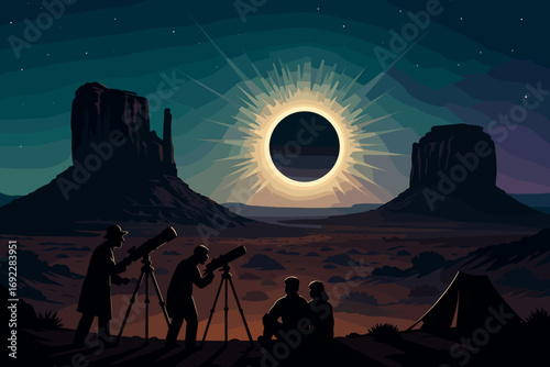 Stargazers watching solar eclipse in desert landscape with telescopes and silhouettes under night sky