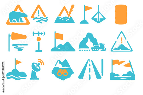 Arctic and mountain hazard warning icon set with neon-style symbols for weather alerts, terrain dangers, and exploration safety