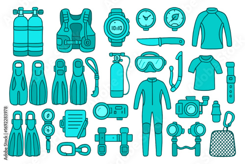 Diving and underwater exploration icon set featuring scuba gear, wetsuits, cameras, and accessories in a teal monochrome style