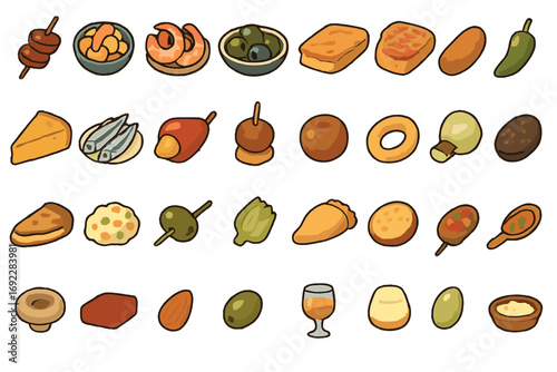 Hand-drawn Spanish tapas and appetizer icon set featuring traditional snacks, finger foods, and Mediterranean cuisine
