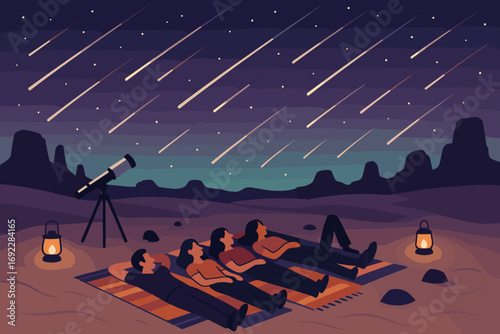 People Stargazing in Desert During Meteor Shower with Telescope and Lanterns Under Night Sky