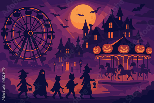 Halloween night with children in costumes walking past a haunted house and carnival rides in a spooky atmosphere