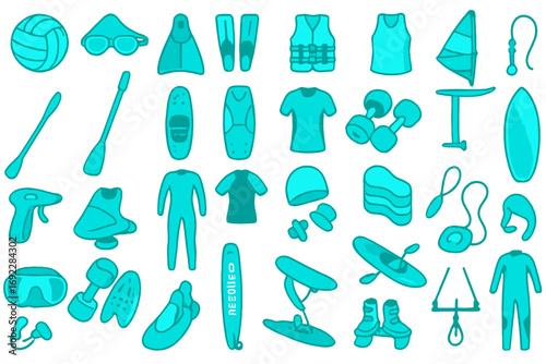 Water sports and aquatic fitness gear illustration set on turquoise background
