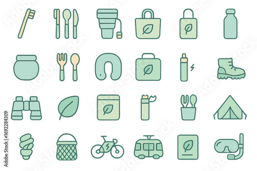 Eco-friendly travel essentials icon set with reusable and sustainable camping and outdoor gear on green background
