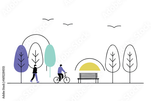 Illustration of people enjoy a park with trees, a bench, and a bicycle on a clear day