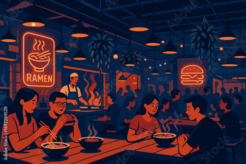 Crowded food hall with neon ramen and burger signs, people dining and chef cooking in vibrant night restaurant scene