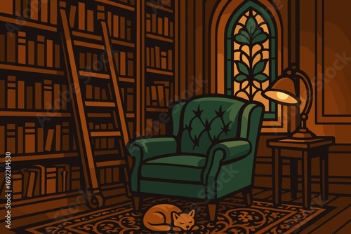 Cozy vintage library with green armchair, bookshelves, ladder, stained glass window, and sleeping cat on rug