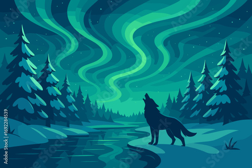 Howling wolf under northern lights in snowy pine forest, winter night nature scene digital illustration