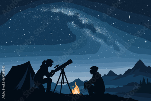Couple stargazing with telescope at mountain campsite under starry night sky and Milky Way galaxy