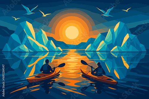 Kayakers paddling through icy waters between glowing icebergs at sunset with seabirds flying overhead, digital adventure artwork