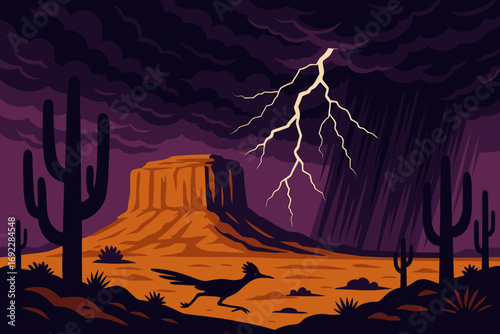 Roadrunner sprinting through desert during thunderstorm with lightning striking near mesas and cacti, digital dramatic illustration