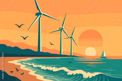 Illustration of coastal wind turbines at sunset with ocean waves, birds, and sailboat in eco-friendly landscape