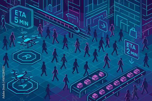 Futuristic smart city illustration with drones, autonomous transport, people, and digital delivery systems