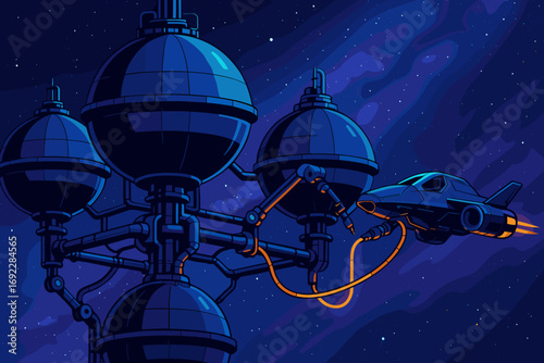 Futuristic space station refueling a spaceship in deep space with glowing cables and starry galaxy background