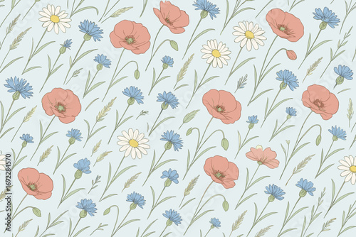 Colorful floral pattern featuring poppies, daisies, and cornflowers on a light blue background creating a cheerful atmosphere