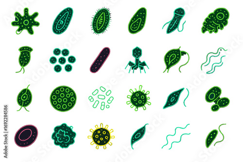 Neon-style glowing illustrations of bacteria, viruses, protozoa, and microscopic organisms on green background