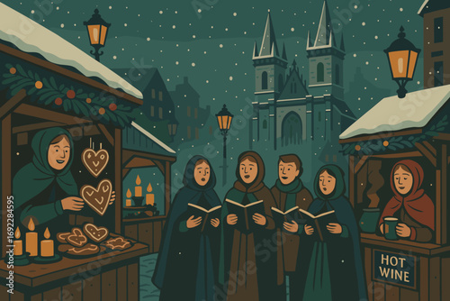 Festive Christmas market illustration with carolers singing, gingerbread stalls, hot wine stand, and snowy evening in town square