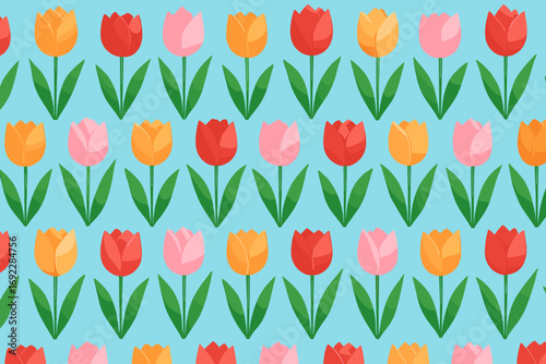 Seamless spring tulip flower pattern with red, pink, and orange blooms on blue background