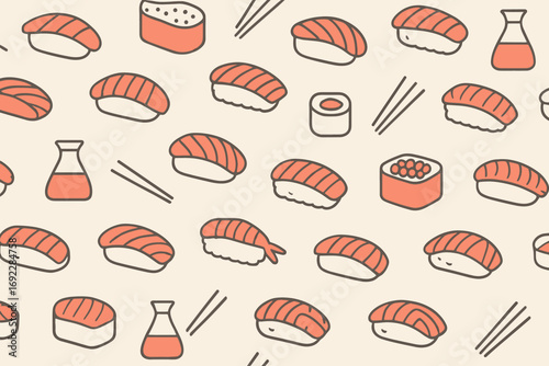 Seamless kawaii sushi pattern with salmon nigiri, rolls, soy sauce bottles, and chopsticks on beige background