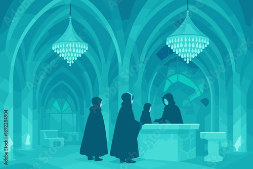 Fantasy ice palace interior with cloaked figures and chandeliers under glowing northern lights