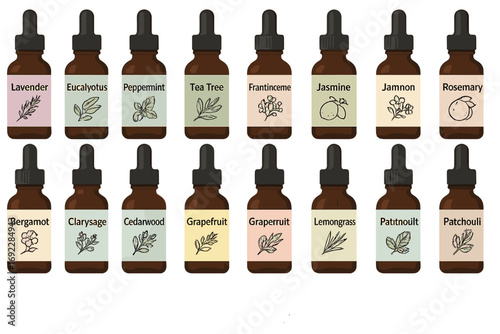 Collection of essential oil dropper bottles with botanical labels on dark background