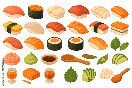 Colorful illustration of assorted sushi pieces, rolls, garnishes, and condiments including wasabi, soy sauce, and pickled ginger