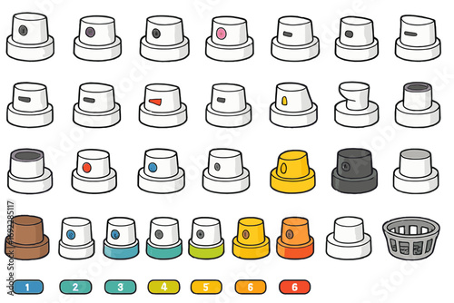 Illustration of assorted spray paint caps and nozzles in various colors, shapes, and spray patterns organized in rows