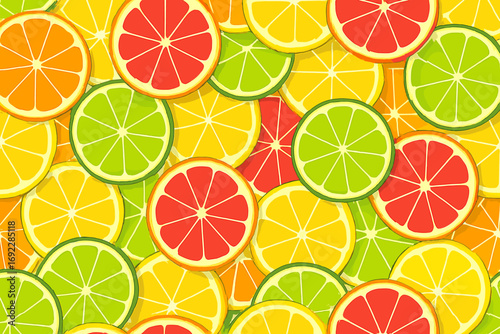 Seamless citrus fruit slice pattern in vibrant colors, hand-drawn orange, lemon, lime, and grapefruit illustration for summer and tropical designs