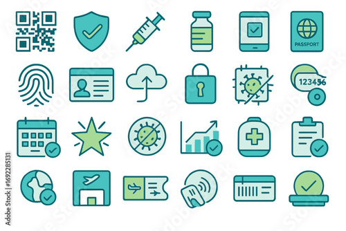 Digital health, vaccine, and travel icon set with flat design on teal gradient background, secure data, identification, and biometric symbols