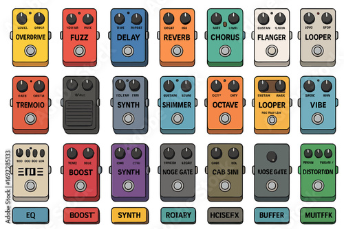 Colorful collection of guitar effects pedals including distortion, delay, reverb, synth, and modulation units on a gradient background