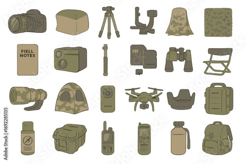 Wildlife observation and outdoor photography gear illustration, hand-drawn equipment icons for field research, nature travel, and camping essentials