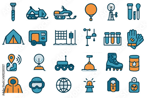 Polar research and Arctic exploration icon set with scientific equipment, survival gear, and expedition tools in flat design on dark gradient background