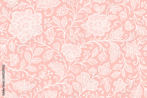 Elegant seamless floral pattern with white hand-drawn flowers and leaves on a soft pastel pink background